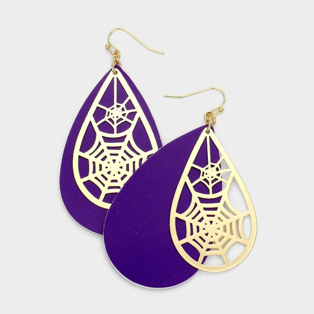 Purple Vegan Leather and Gold Tone Silhouette‎ Spiderweb Teardrop Earrings
